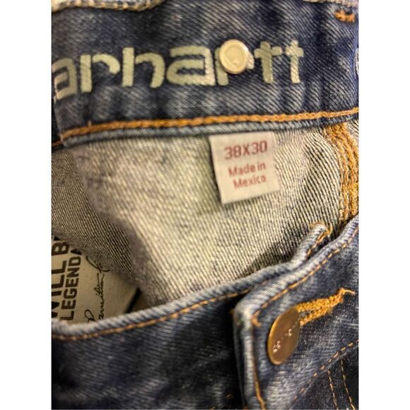 Distressed Carhartt Double knee Blue Denim Pants  Relaxed Fit Rugged Flex Utilit - Picture 4 of 16